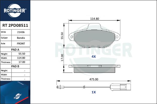 Rotinger RT 2PD08511 - Тормозные колодки, дисковые, комплект www.autospares.lv