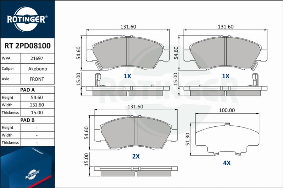 Rotinger RT 2PD08100 - Brake Pad Set, disc brake www.autospares.lv