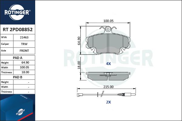 Rotinger RT 2PD08852 - Тормозные колодки, дисковые, комплект www.autospares.lv