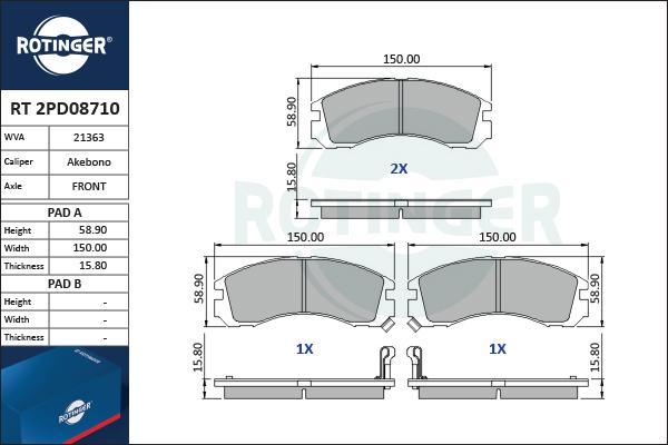 Rotinger RT 2PD08710 - Brake Pad Set, disc brake www.autospares.lv