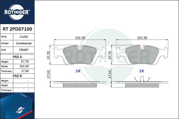 Rotinger RT 2PD07100 - Тормозные колодки, дисковые, комплект www.autospares.lv