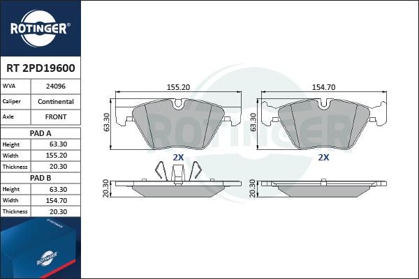 Rotinger RT 2PD19600 - Тормозные колодки, дисковые, комплект www.autospares.lv