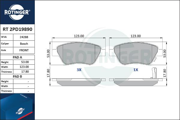 Rotinger RT 2PD19890 - Brake Pad Set, disc brake www.autospares.lv