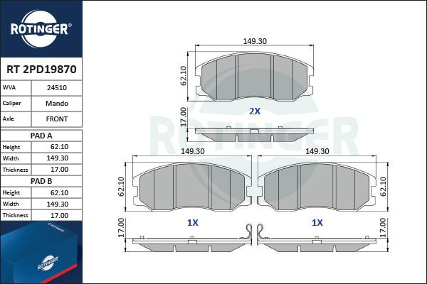 Rotinger RT 2PD19870 - Тормозные колодки, дисковые, комплект www.autospares.lv