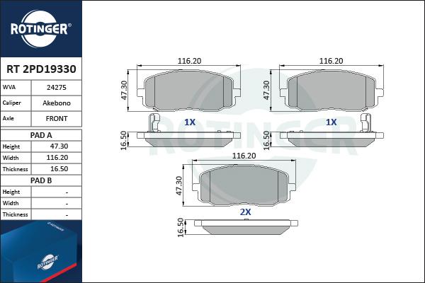 Rotinger RT 2PD19330 - Тормозные колодки, дисковые, комплект www.autospares.lv