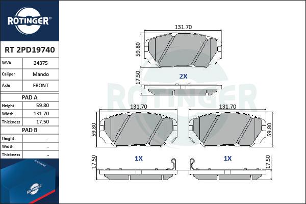 Rotinger RT 2PD19740 - Brake Pad Set, disc brake www.autospares.lv