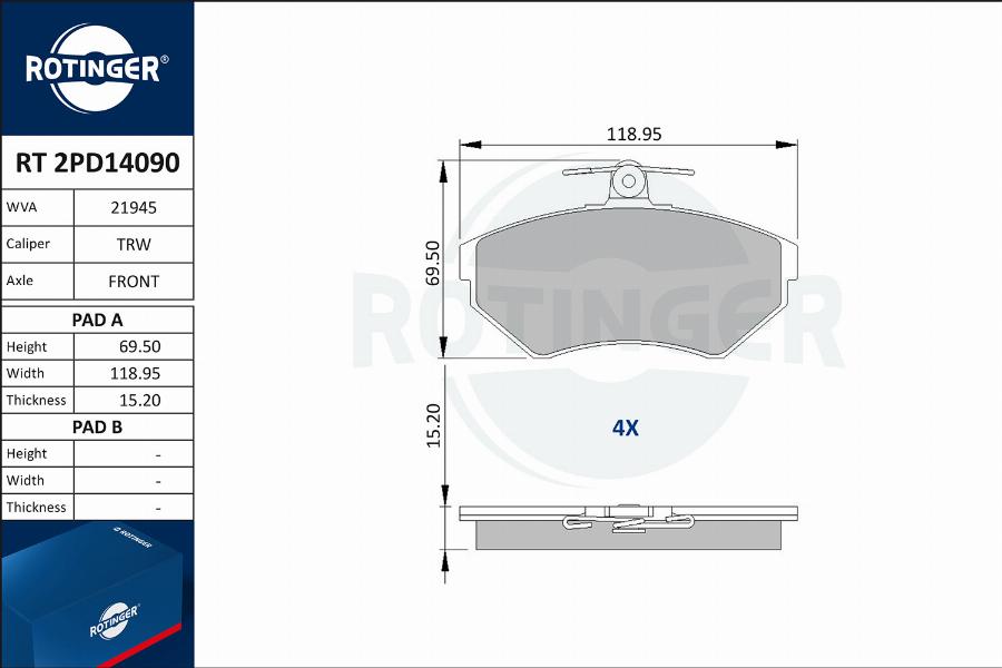 Rotinger RT 2PD14090 - Тормозные колодки, дисковые, комплект www.autospares.lv