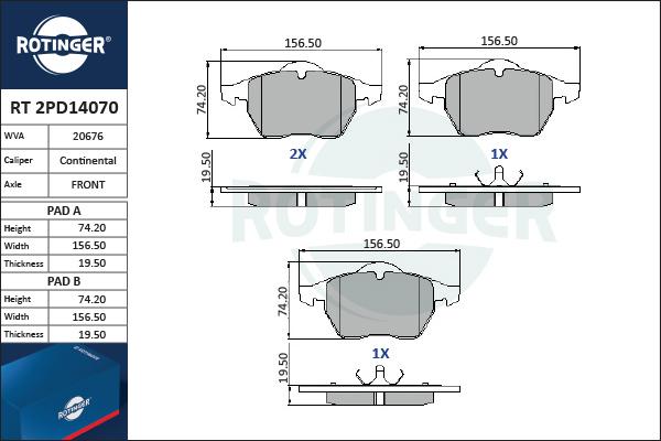 Rotinger RT 2PD14070 - Brake Pad Set, disc brake www.autospares.lv