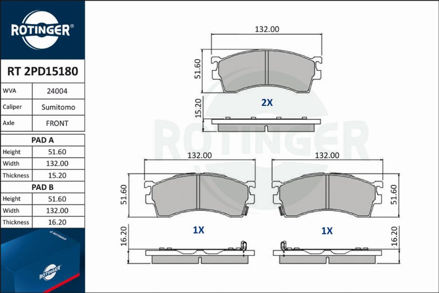 Rotinger RT 2PD15180 - Brake Pad Set, disc brake www.autospares.lv