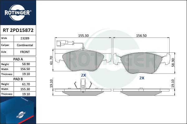 Rotinger RT 2PD15872 - Тормозные колодки, дисковые, комплект www.autospares.lv