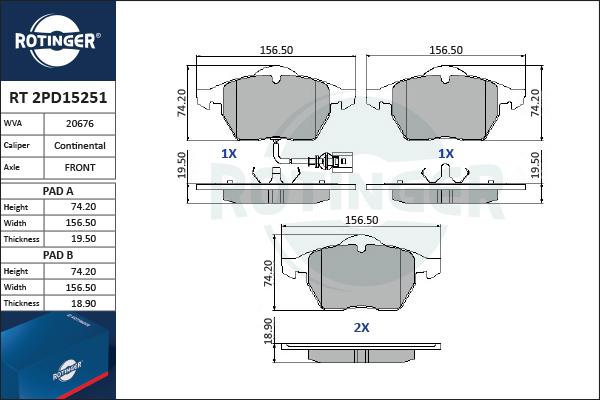 Rotinger RT 2PD15251 - Тормозные колодки, дисковые, комплект www.autospares.lv