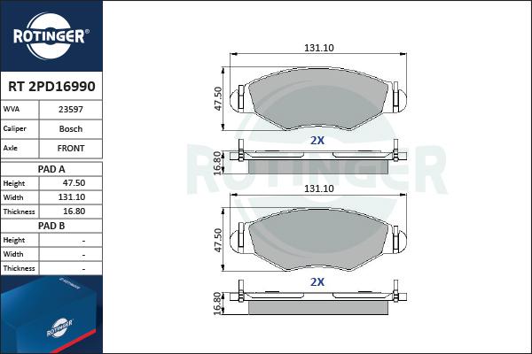 Rotinger RT 2PD16990 - Тормозные колодки, дисковые, комплект www.autospares.lv