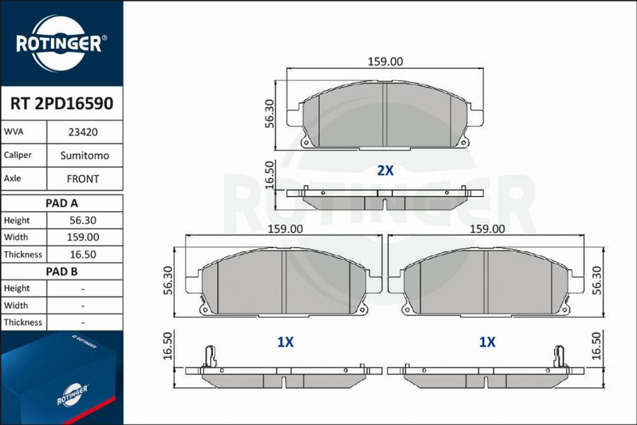 Rotinger RT 2PD16590 - Brake Pad Set, disc brake www.autospares.lv