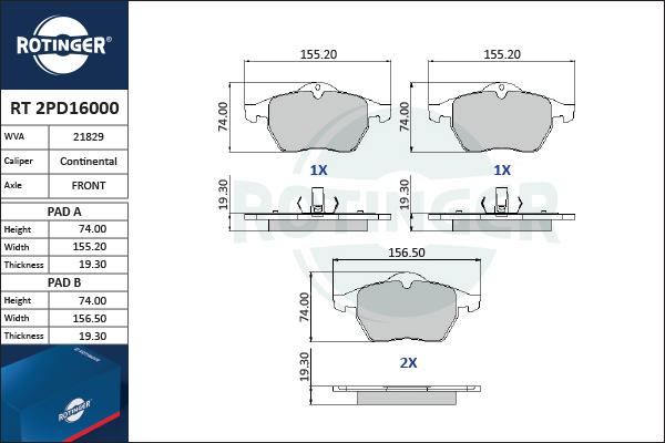 Rotinger RT 2PD16000 - Brake Pad Set, disc brake www.autospares.lv