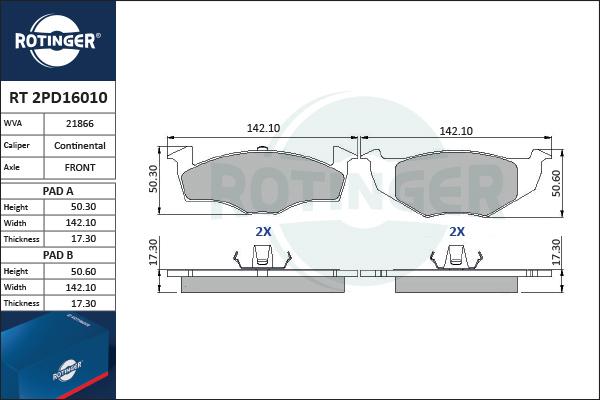 Rotinger RT 2PD16010 - Brake Pad Set, disc brake www.autospares.lv