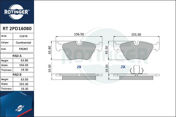 Rotinger RT 2PD16080 - Тормозные колодки, дисковые, комплект www.autospares.lv