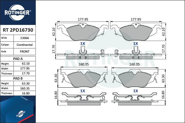 Rotinger RT 2PD16730 - Тормозные колодки, дисковые, комплект www.autospares.lv