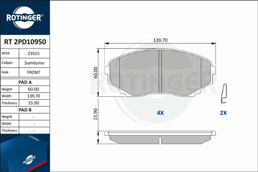 Rotinger RT 2PD10950 - Brake Pad Set, disc brake www.autospares.lv