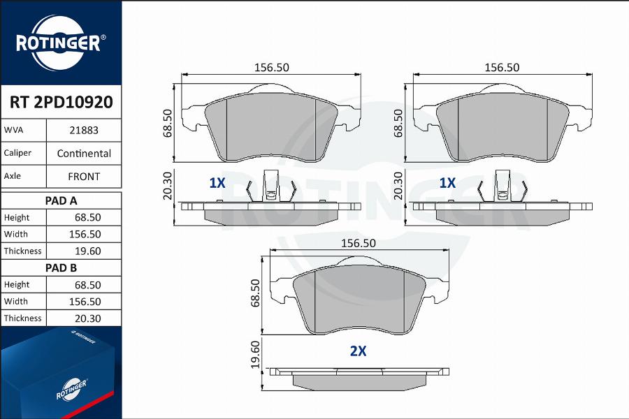 Rotinger RT 2PD10920 - Тормозные колодки, дисковые, комплект www.autospares.lv