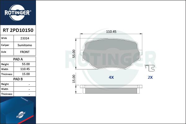 Rotinger RT 2PD10150 - Тормозные колодки, дисковые, комплект www.autospares.lv