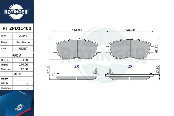 Rotinger RT 2PD11400 - Тормозные колодки, дисковые, комплект www.autospares.lv