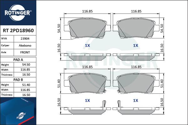 Rotinger RT 2PD18960 - Brake Pad Set, disc brake www.autospares.lv