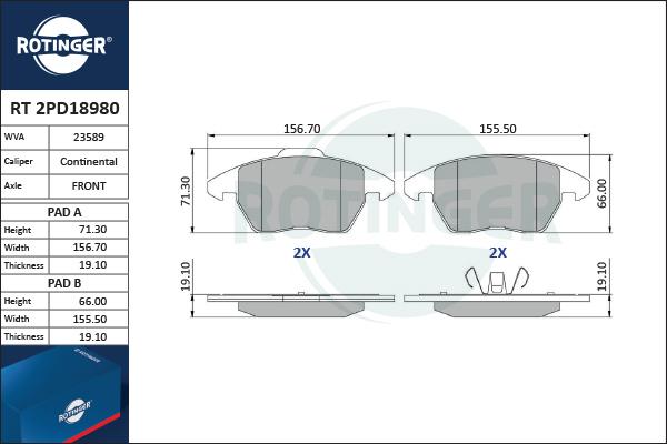 Rotinger RT 2PD18980 - Тормозные колодки, дисковые, комплект www.autospares.lv