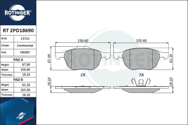 Rotinger RT 2PD18690 - Тормозные колодки, дисковые, комплект www.autospares.lv