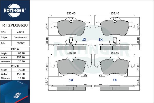 Rotinger RT 2PD18610 - Brake Pad Set, disc brake www.autospares.lv