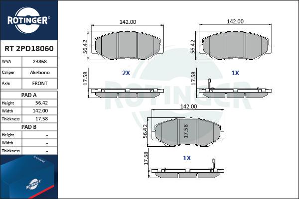 Rotinger RT 2PD18060 - Тормозные колодки, дисковые, комплект www.autospares.lv