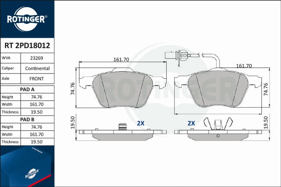 Rotinger RT 2PD18012 - Тормозные колодки, дисковые, комплект www.autospares.lv