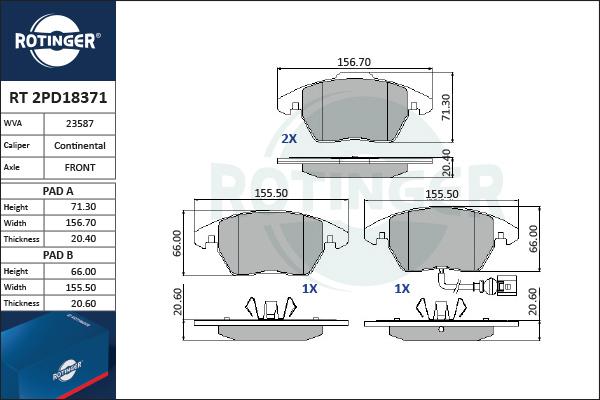 Rotinger RT 2PD18371 - Тормозные колодки, дисковые, комплект www.autospares.lv