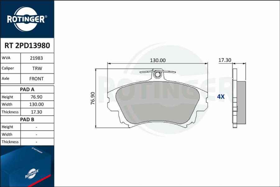 Rotinger RT 2PD13980 - Тормозные колодки, дисковые, комплект www.autospares.lv