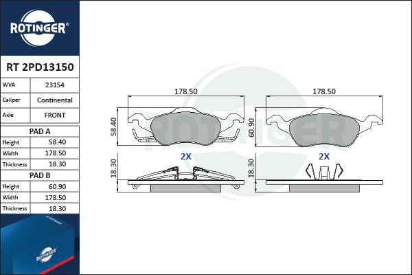 Rotinger RT 2PD13150 - Тормозные колодки, дисковые, комплект www.autospares.lv