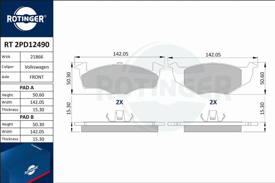 Rotinger RT 2PD12490 - Тормозные колодки, дисковые, комплект www.autospares.lv