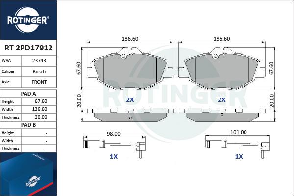 Rotinger RT 2PD17912 - Тормозные колодки, дисковые, комплект www.autospares.lv