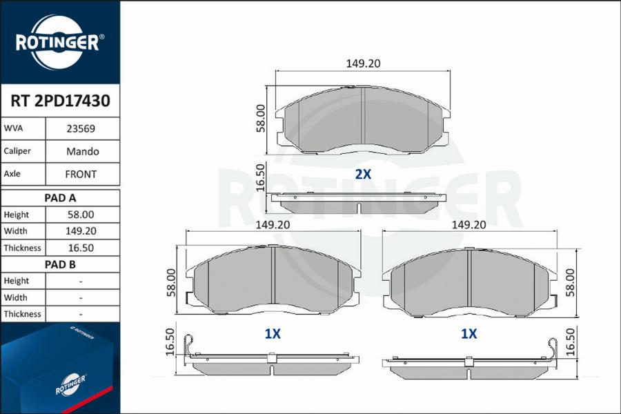 Rotinger RT 2PD17430 - Тормозные колодки, дисковые, комплект www.autospares.lv