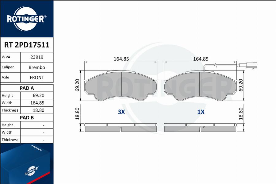 Rotinger RT 2PD17511 - Brake Pad Set, disc brake www.autospares.lv