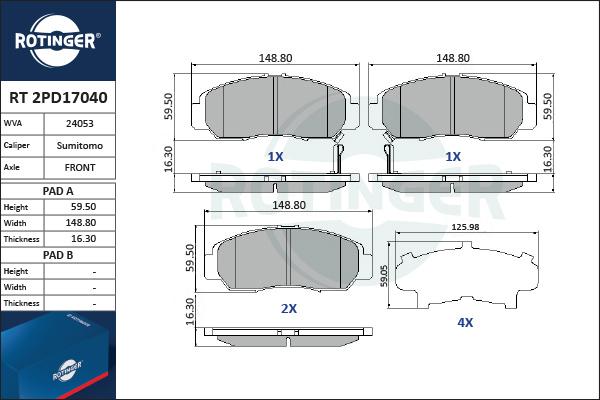 Rotinger RT 2PD17040 - Тормозные колодки, дисковые, комплект www.autospares.lv