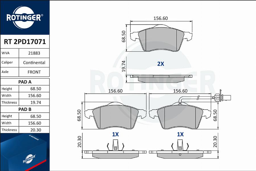 Rotinger RT 2PD17071 - Brake Pad Set, disc brake www.autospares.lv