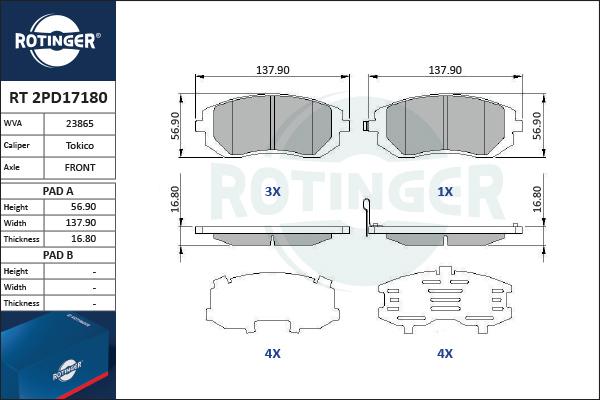 Rotinger RT 2PD17180 - Brake Pad Set, disc brake www.autospares.lv