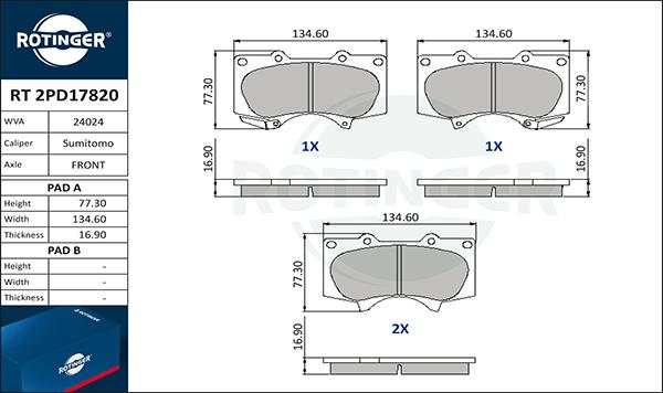 Rotinger RT 2PD17820 - Bremžu uzliku kompl., Disku bremzes www.autospares.lv