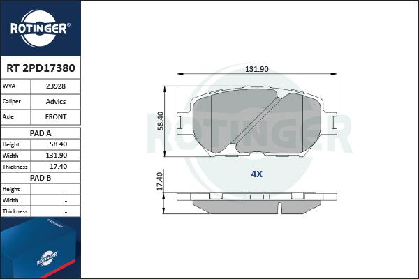 Rotinger RT 2PD17380 - Brake Pad Set, disc brake www.autospares.lv