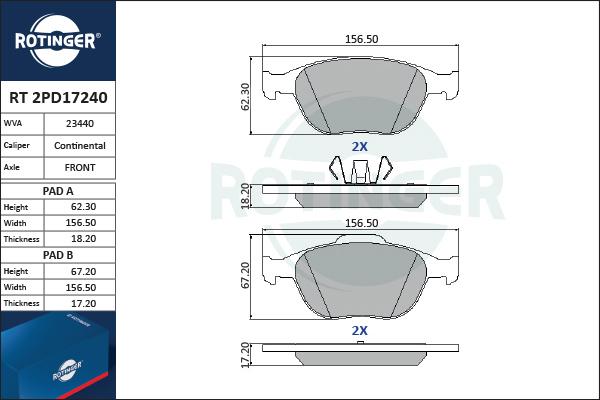 Rotinger RT 2PD17240 - Тормозные колодки, дисковые, комплект www.autospares.lv