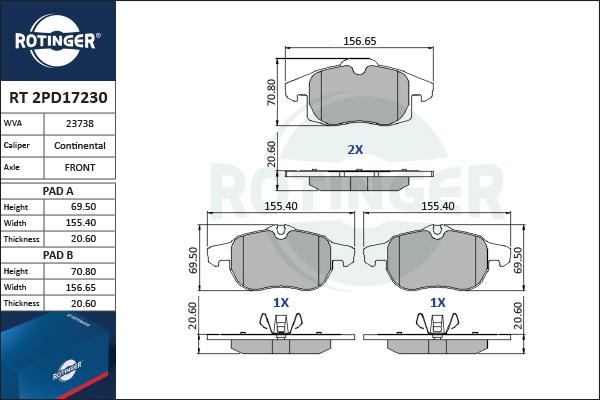 Rotinger RT 2PD17230 - Brake Pad Set, disc brake www.autospares.lv