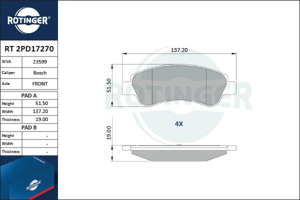 Rotinger RT 2PD17270 - Brake Pad Set, disc brake www.autospares.lv