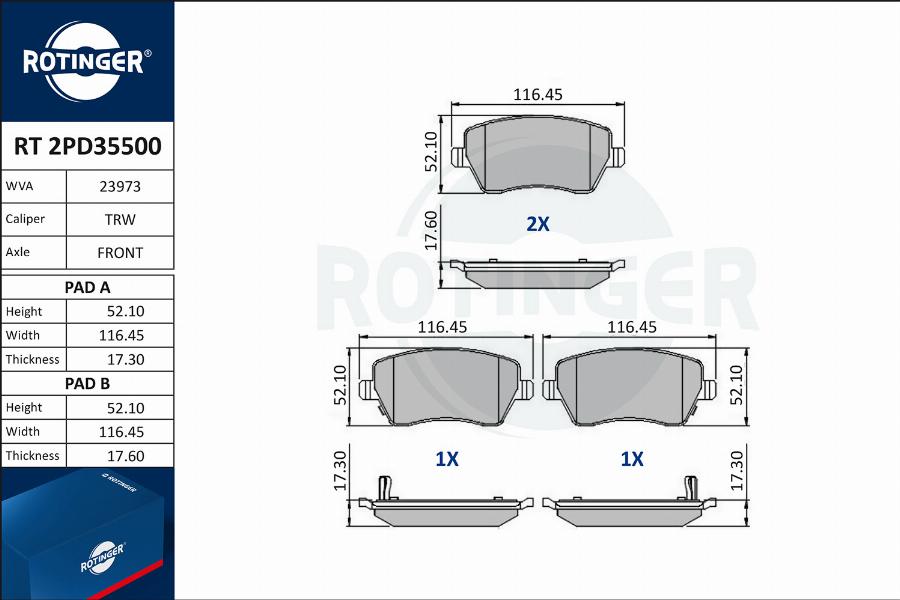 Rotinger RT 2PD35500 - Тормозные колодки, дисковые, комплект www.autospares.lv