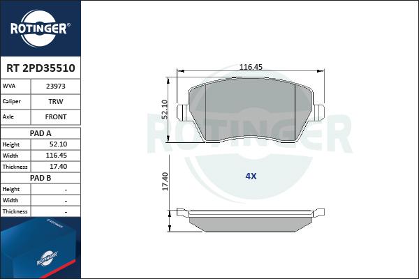 Rotinger RT 2PD35510 - Brake Pad Set, disc brake www.autospares.lv