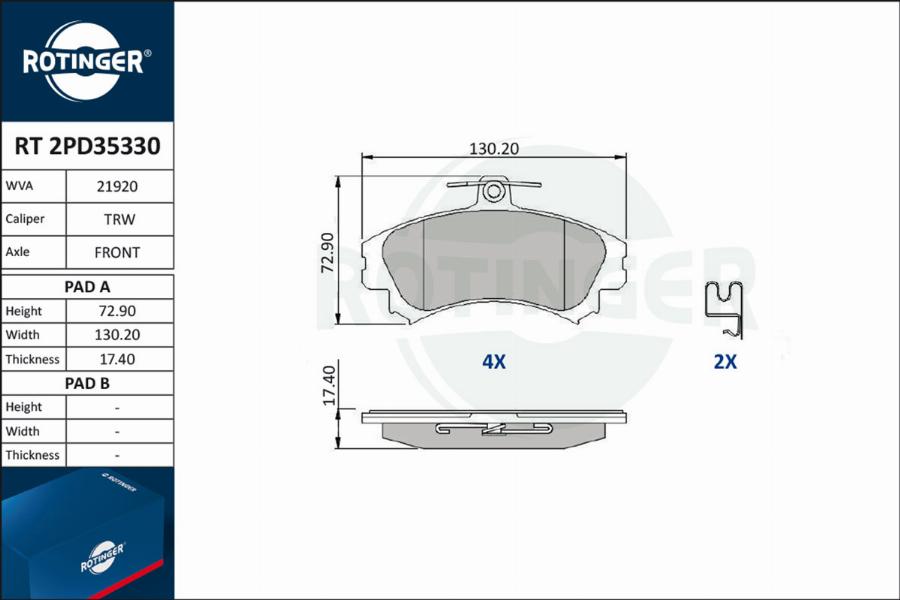 Rotinger RT 2PD35330 - Тормозные колодки, дисковые, комплект www.autospares.lv