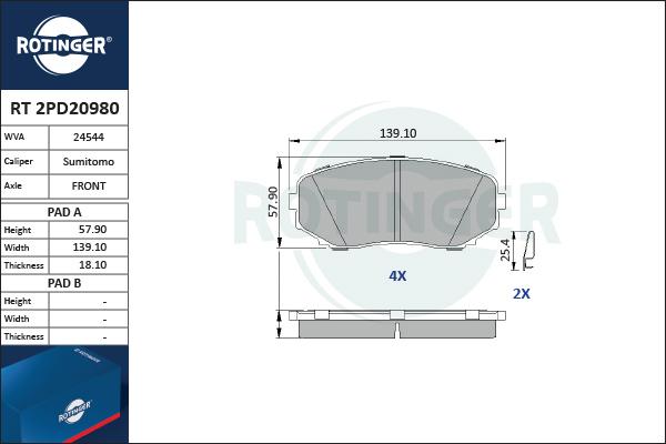 Rotinger RT 2PD20980 - Тормозные колодки, дисковые, комплект www.autospares.lv